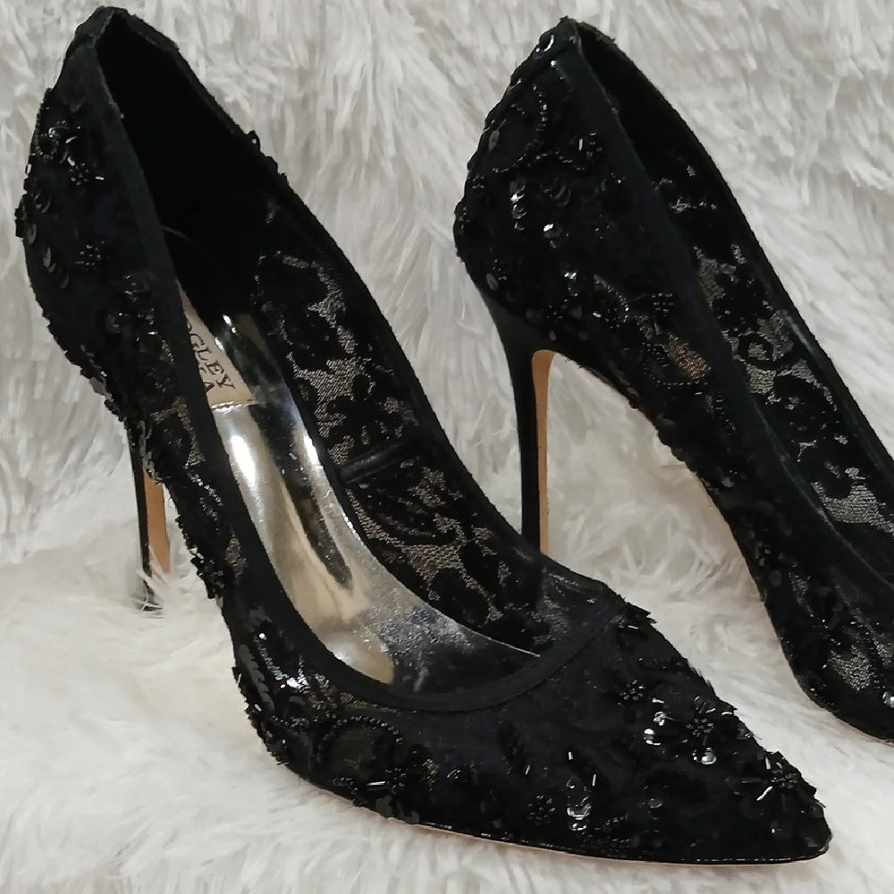 Badgley Mischka Black Sequin Lace Heels - Picture 2 of 9